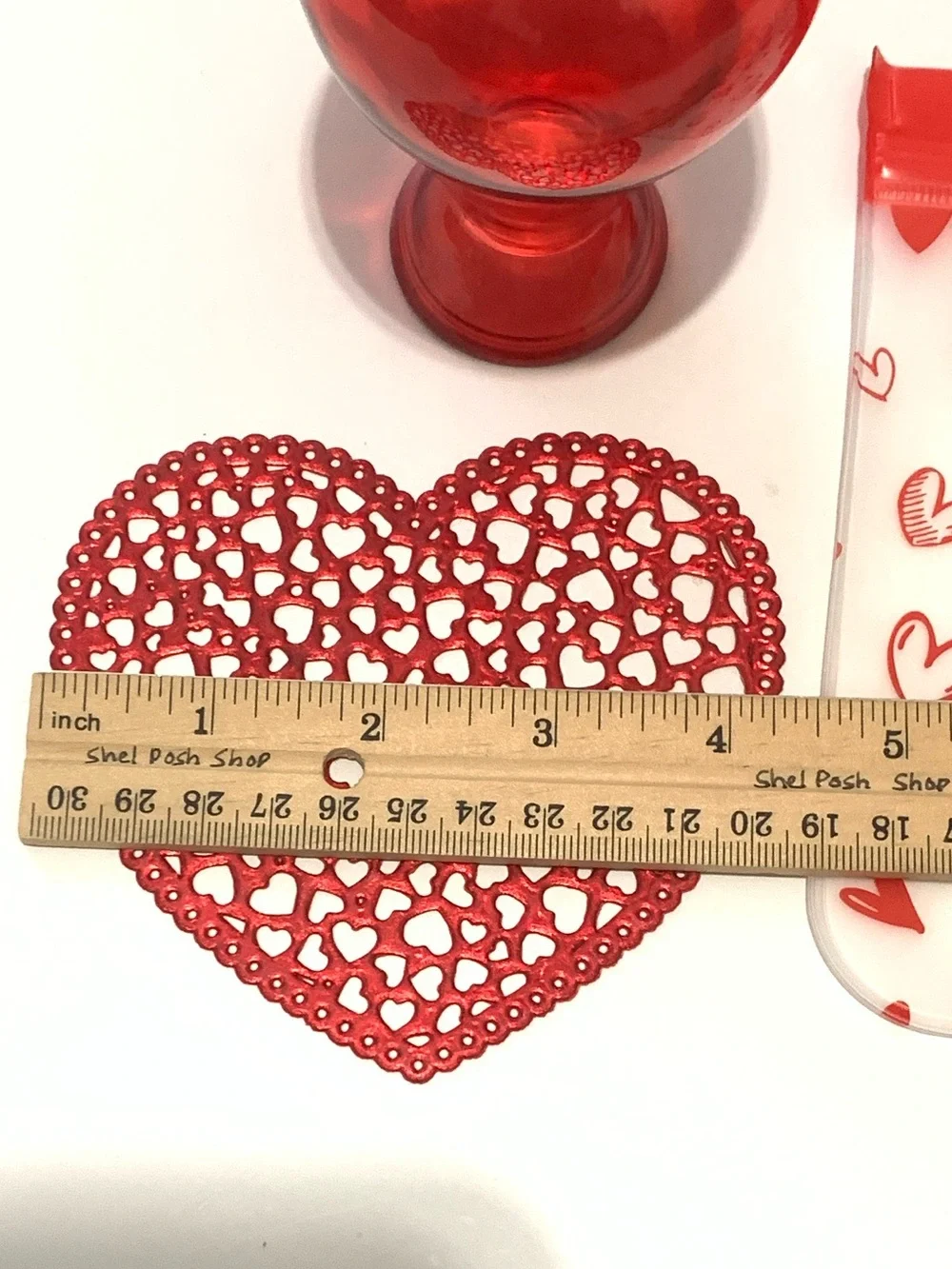 Red Heart-Themed Glass Vase, Coaster and Reusable Bag Set